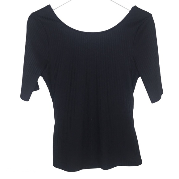 VENUS Ribbed Blouse With Bow Tie Back Detail & 3/4 Length Sleeves Black Medium - Picture 3 of 6